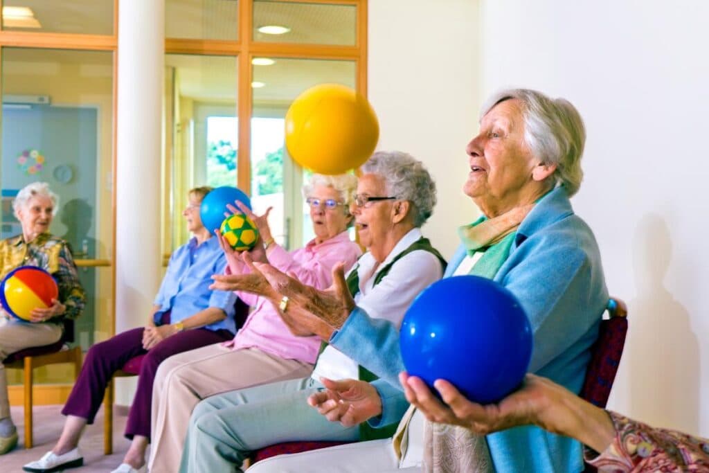 Seniors engaged in community activities at a senior living facility